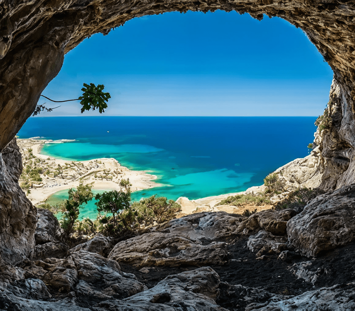 View of beach and sea from cave.